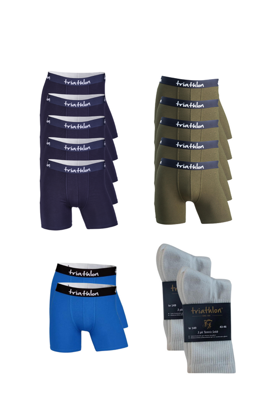 Årspakken - boxer shorts navy, blå, armygrønn og tennissokker