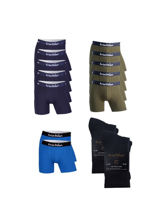 Årspakken - boxer shorts navy, blå, armygrønn og sorte tennissokker