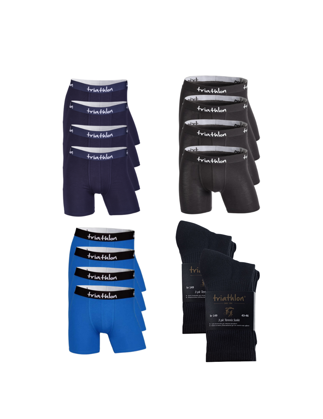 Årspakken - boxer shorts navy, sort, blå og sorte tennissokker