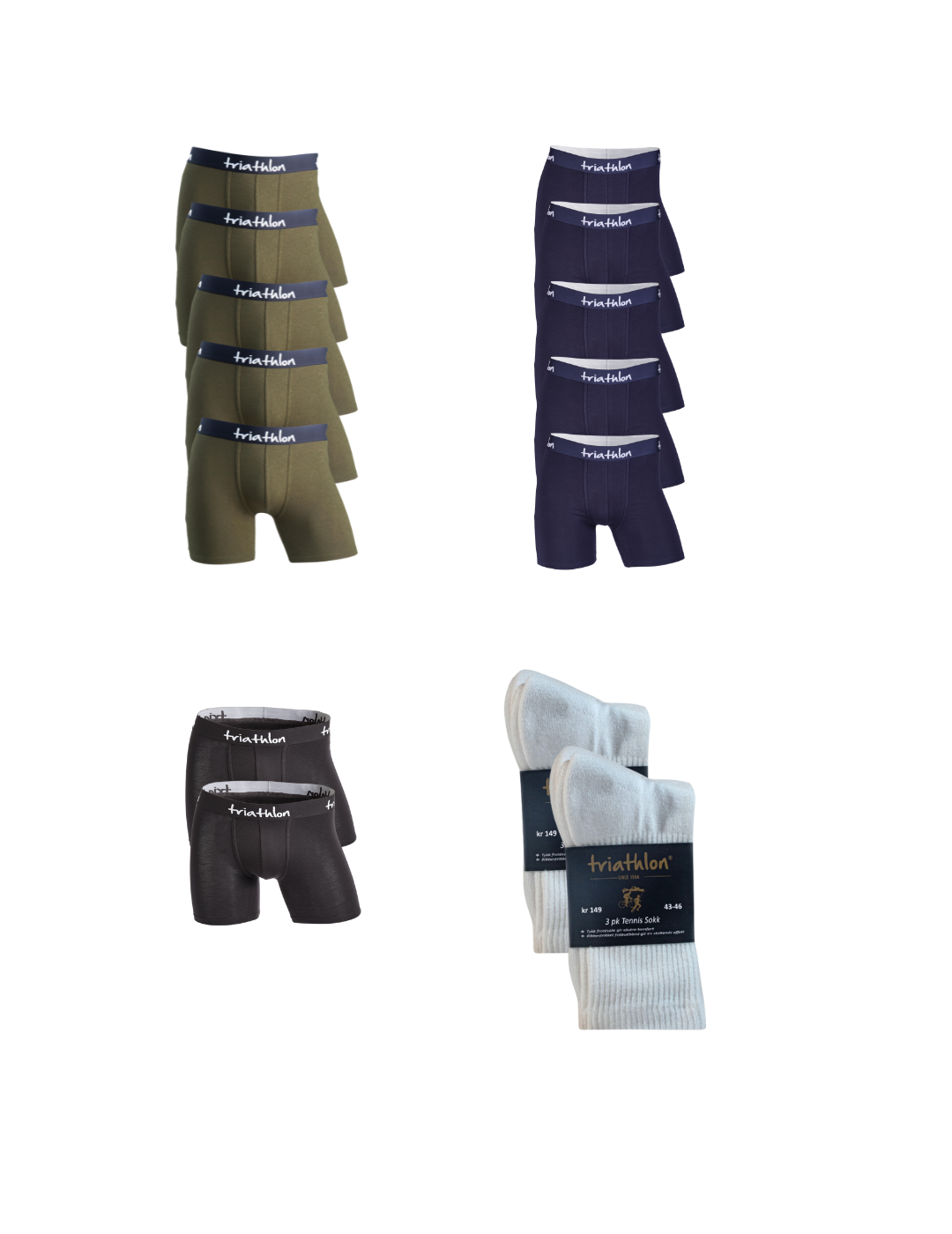 Årspakken - boxer shorts navy, sort, armygrønn og tennissokker